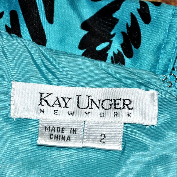 Kay Unger of New York Teal & Black Silk Dress With Black Belt - Picture 7 of 8